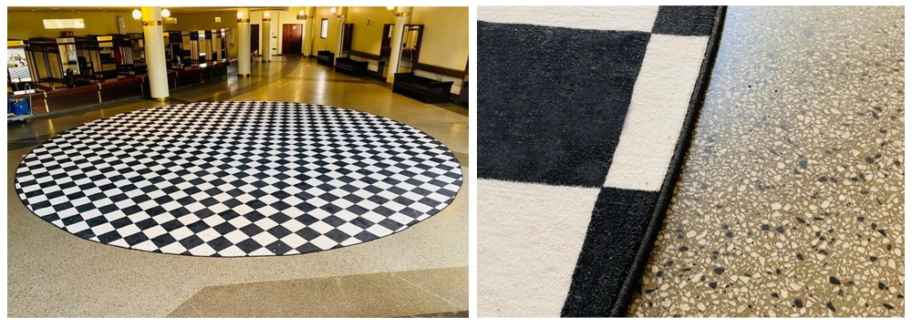 Готовое изделие и обработка края ковра оверлоком готовый цирковой ковер и обработанный оверлоком край